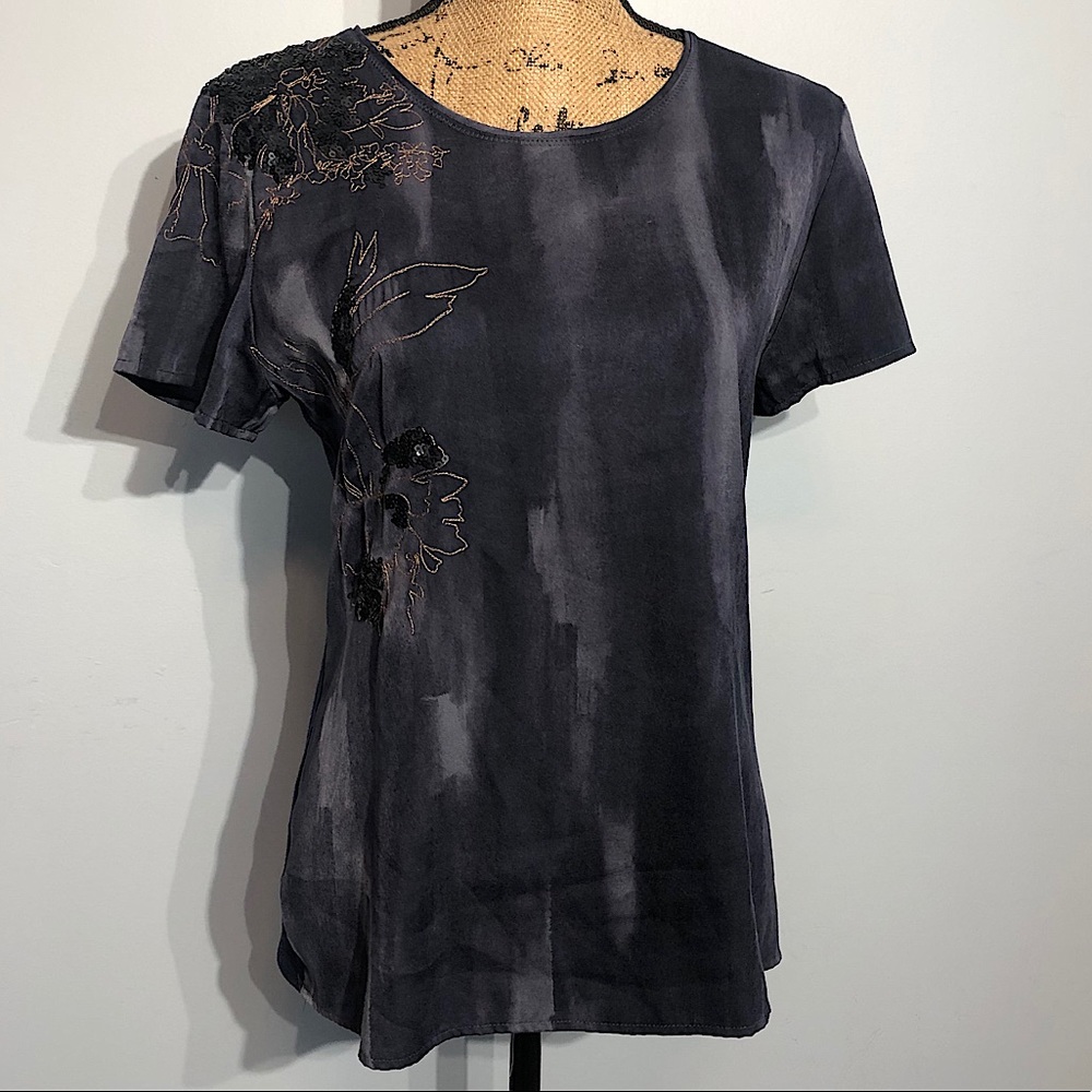 Simply Vera Vera Wang Blue Sequin Floral Top Med